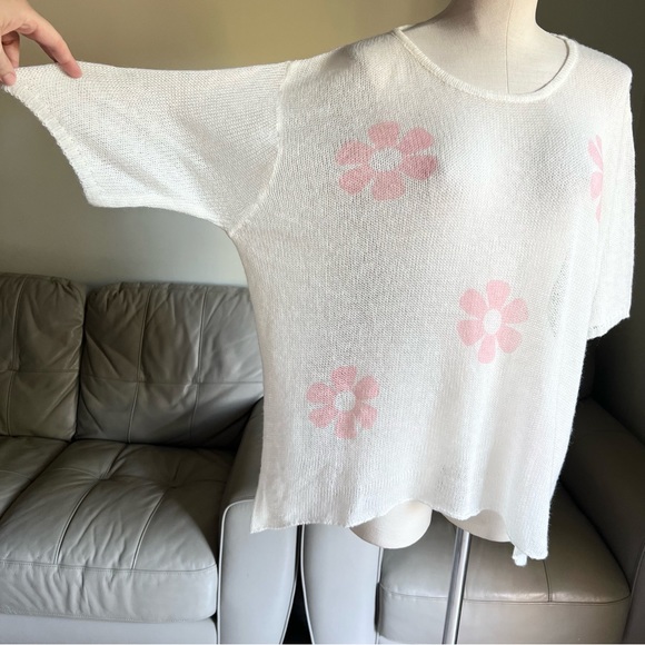 Cocolove Sz M L Mohair Blend Knit Floral Tunic Top Short Sleeve Sweater White - Picture 8 of 15